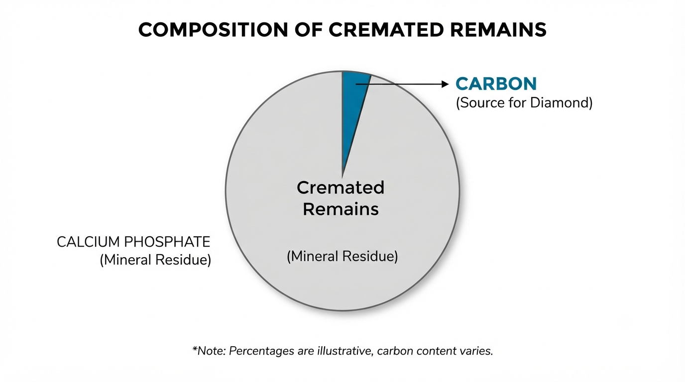 Simple diagram showing cremated remains as mostly calcium phosphate with a small carbon fraction highlighted 