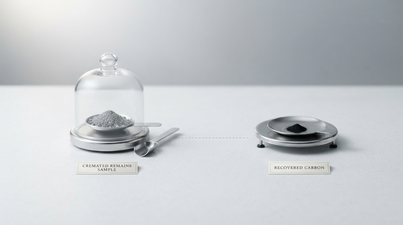 Small measured sample of cremated remains beside the much smaller quantity of carbon recovered from it