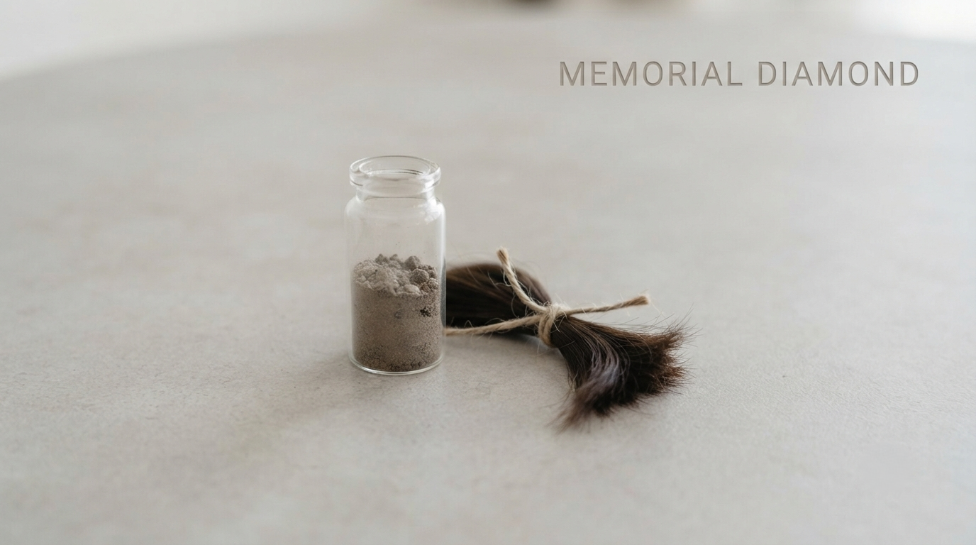 A few tablespoons of cremated remains in a vial beside a small tied lock of hair on a neutral surface