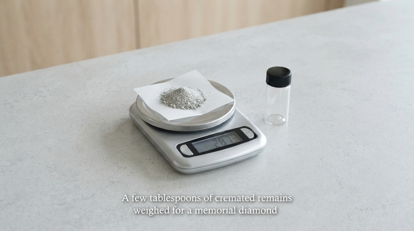 A few tablespoons of cremated remains weighed on a small kitchen scale next to a collection vial