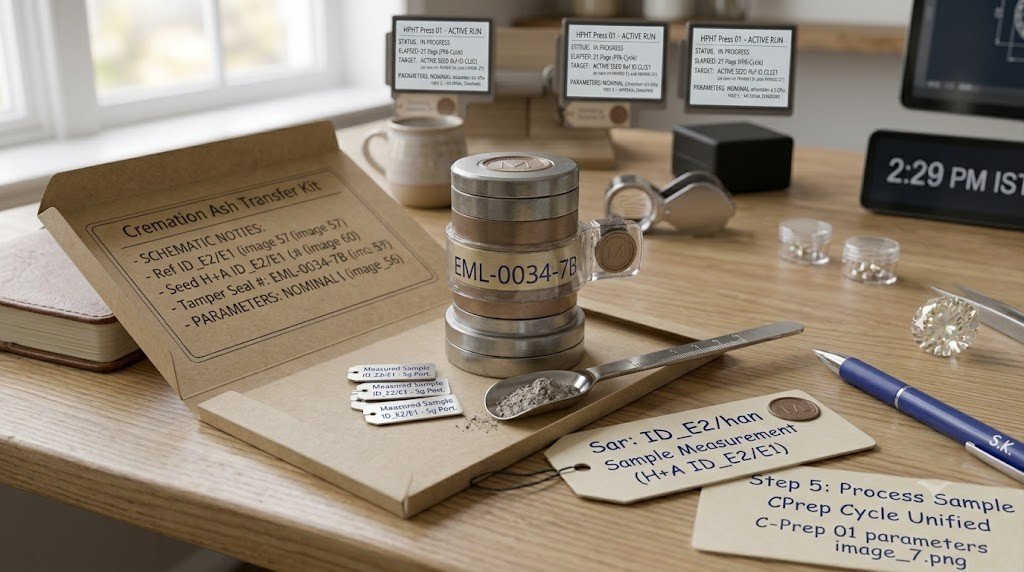  A collection kit open on a table with a sealed container, scoop and labels beside a portion of cremated remains 