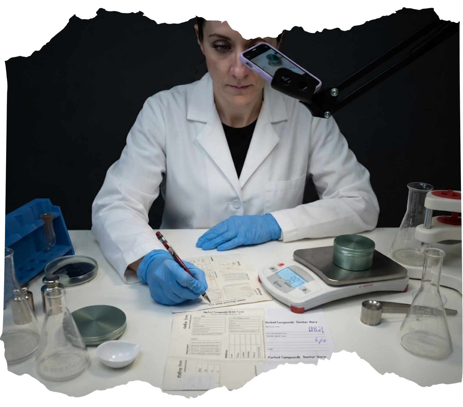 Scientist in a laboratory handling Stage 1 carbon isolation from cremation ashes for a memorial diamond.