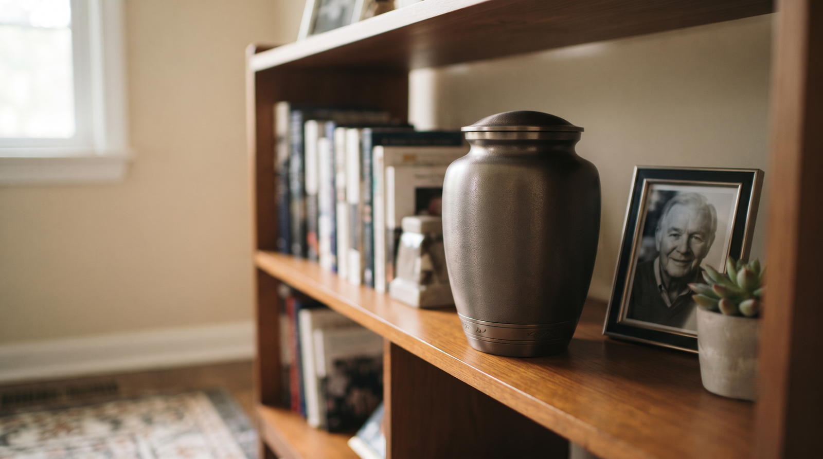Sealed cremation urn on a shelf at home ahead of a scheduled interment