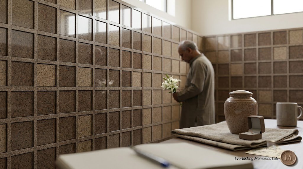A columbarium niche wall photographed at a respectful distance with no names or dates legible