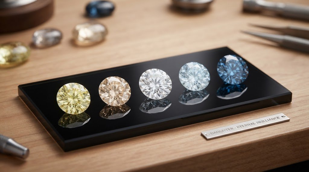 Loose memorial stones showing the range of daughter ashes diamond color, from pale yellow and champagne to blue and colorless