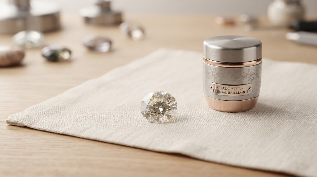 A daughter ashes diamond: a loose champagne-toned memorial stone resting beside a small keepsake urn on linen