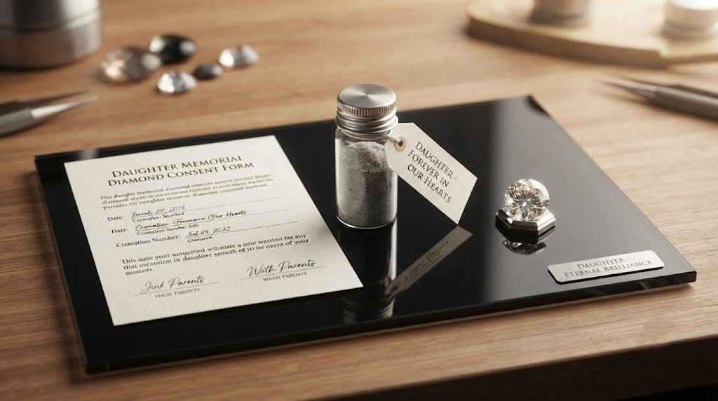 The daughter ashes diamond steps in one scene: a signed consent form, a sealed collection container and a finished memorial diamond on a desk