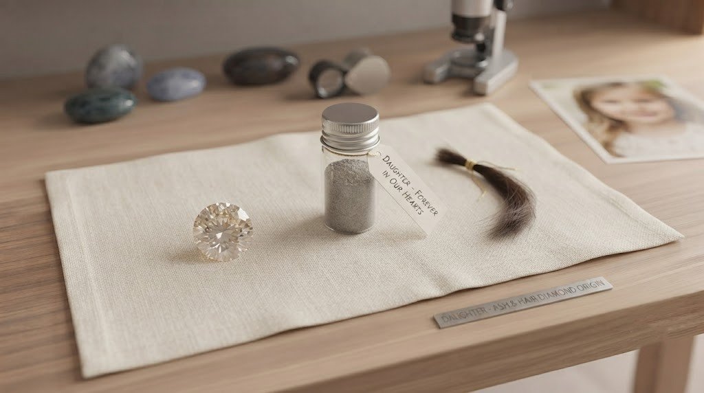 A daughter ashes hair diamond: a loose champagne-toned memorial stone beside a small sealed vial of ash and a tied lock of hair