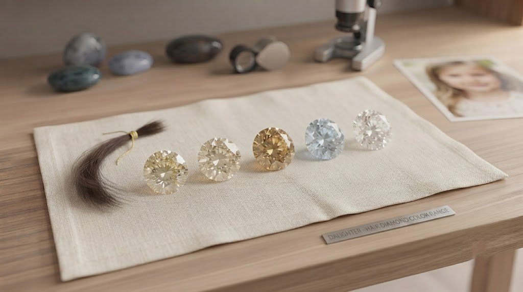 Daughter hair diamond color range: a small lock of hair beside loose memorial diamonds in yellow, champagne, blue and colorless tones