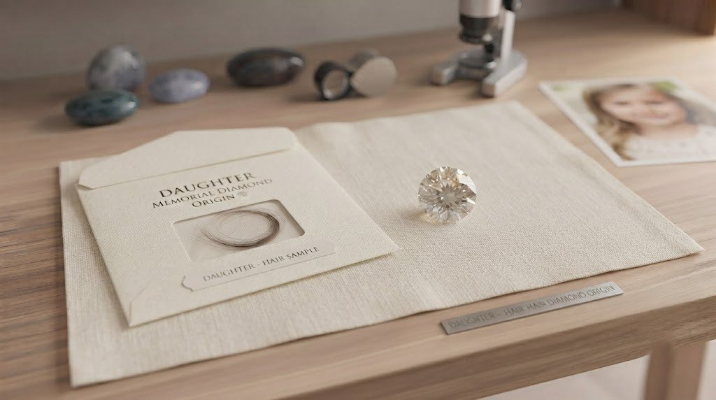 A daughter hair diamond resting beside a small lock of hair kept in a paper envelope
