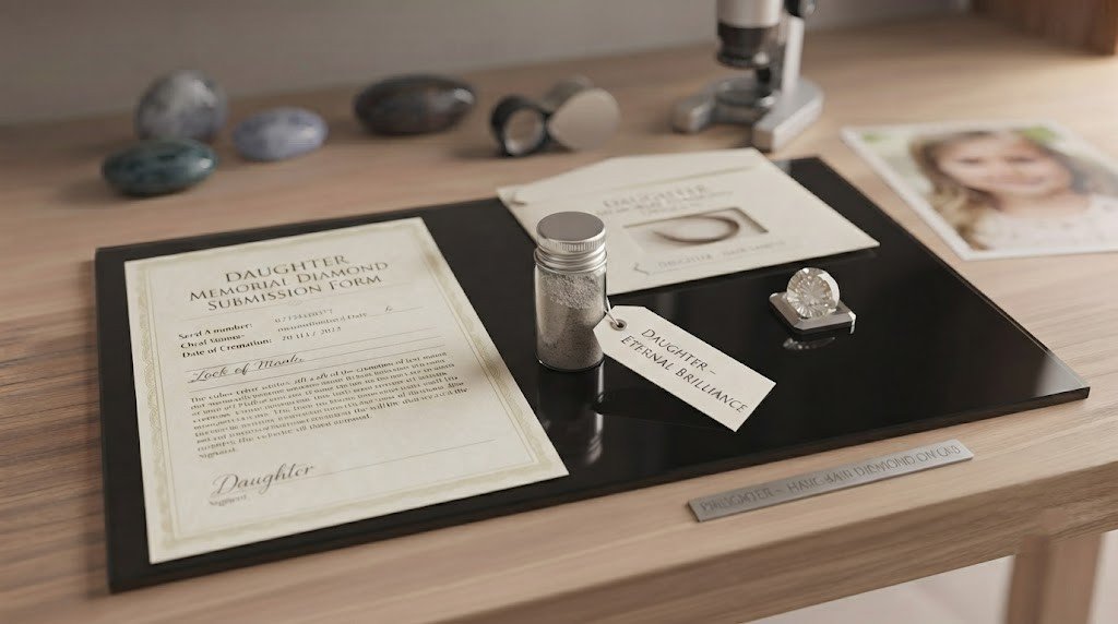 The daughter hair diamond steps in one frame: a small sealed lock of hair, a submission form and a finished loose memorial diamond