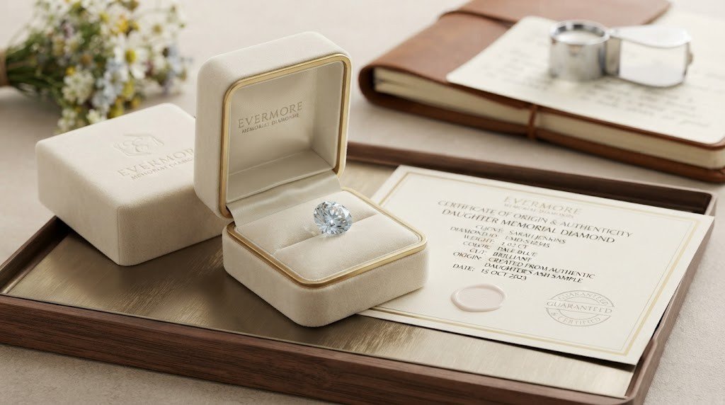 A loose memorial diamond in an open presentation box beside its certificate of origin