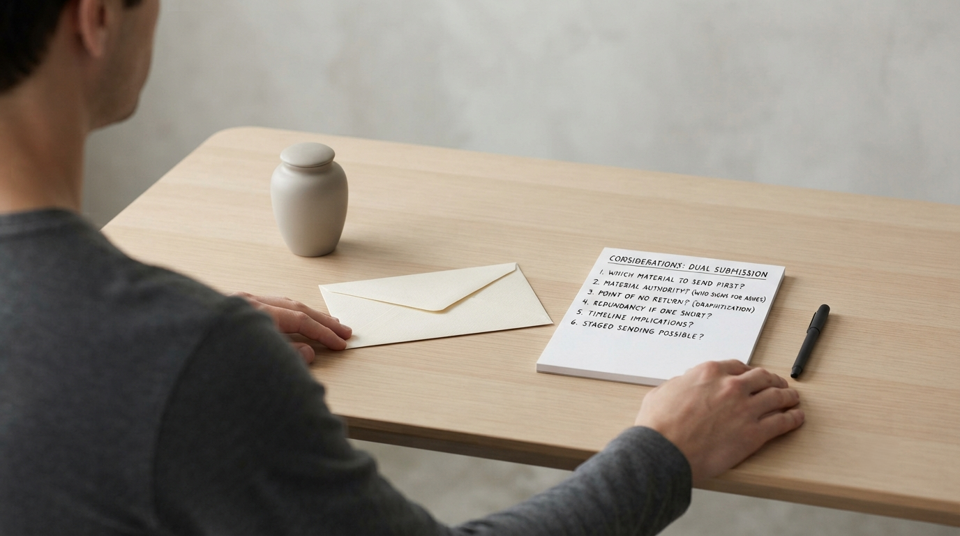  person at a desk with an urn, an envelope and a written list of questions, deciding which material to send first