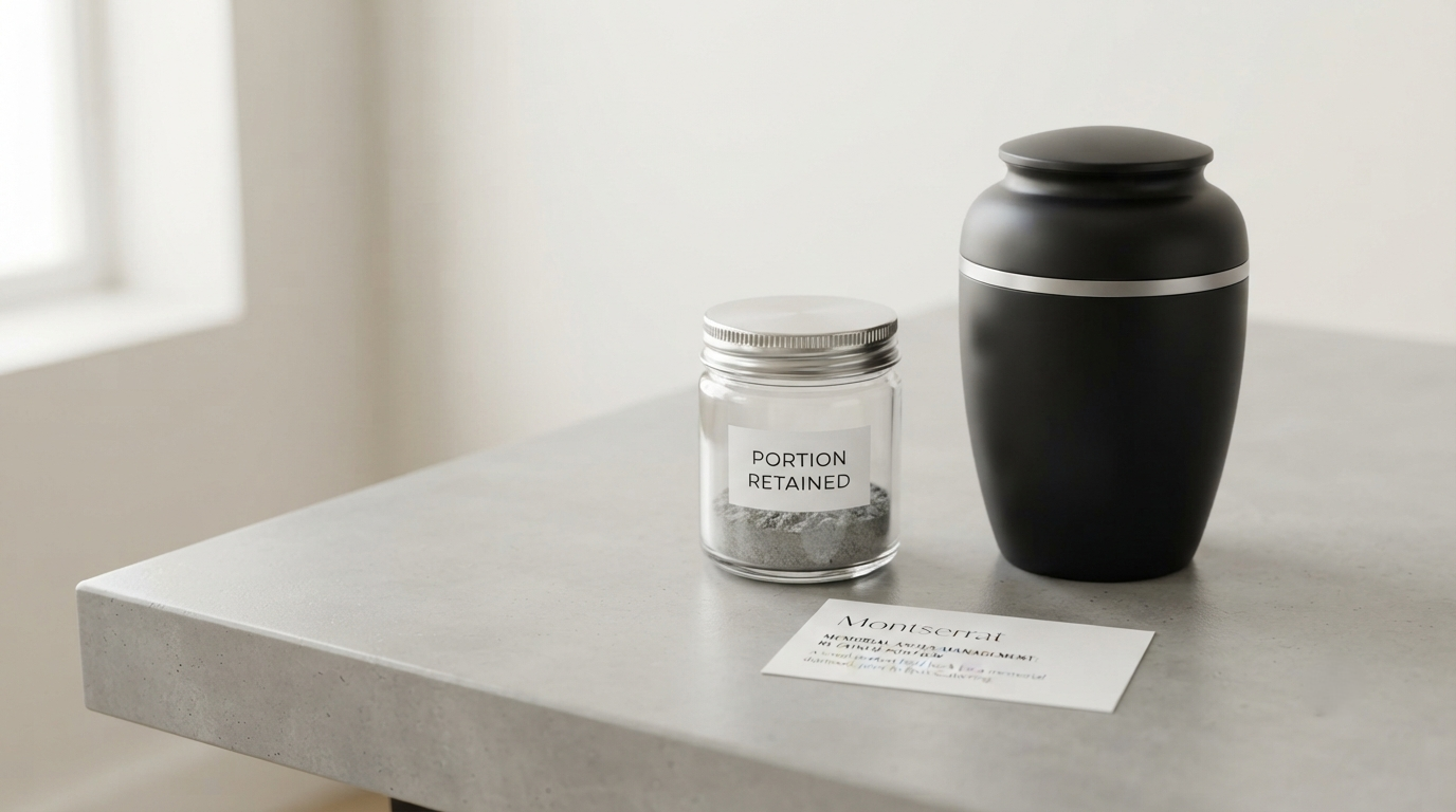 A small sealed jar holding a portion of ashes set beside a full urn, showing a portion held back before a scattering