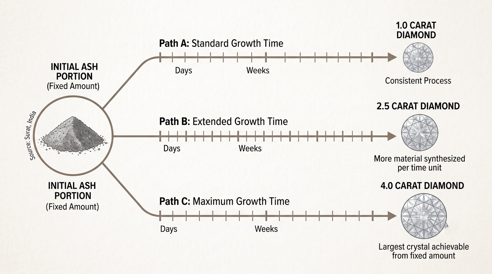 A diagram showing three carat sizes growing from the same small ash portion over increasing growth times |
