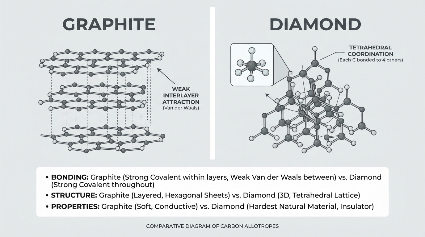 Diagram comparing graphite's layered carbon sheets with diamond's four-bond lattice