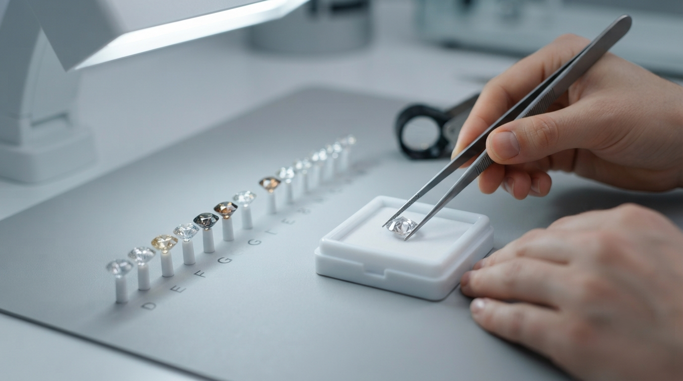 Gemologist comparing a loose diamond face-down against a row of master stones under a daylight lamp