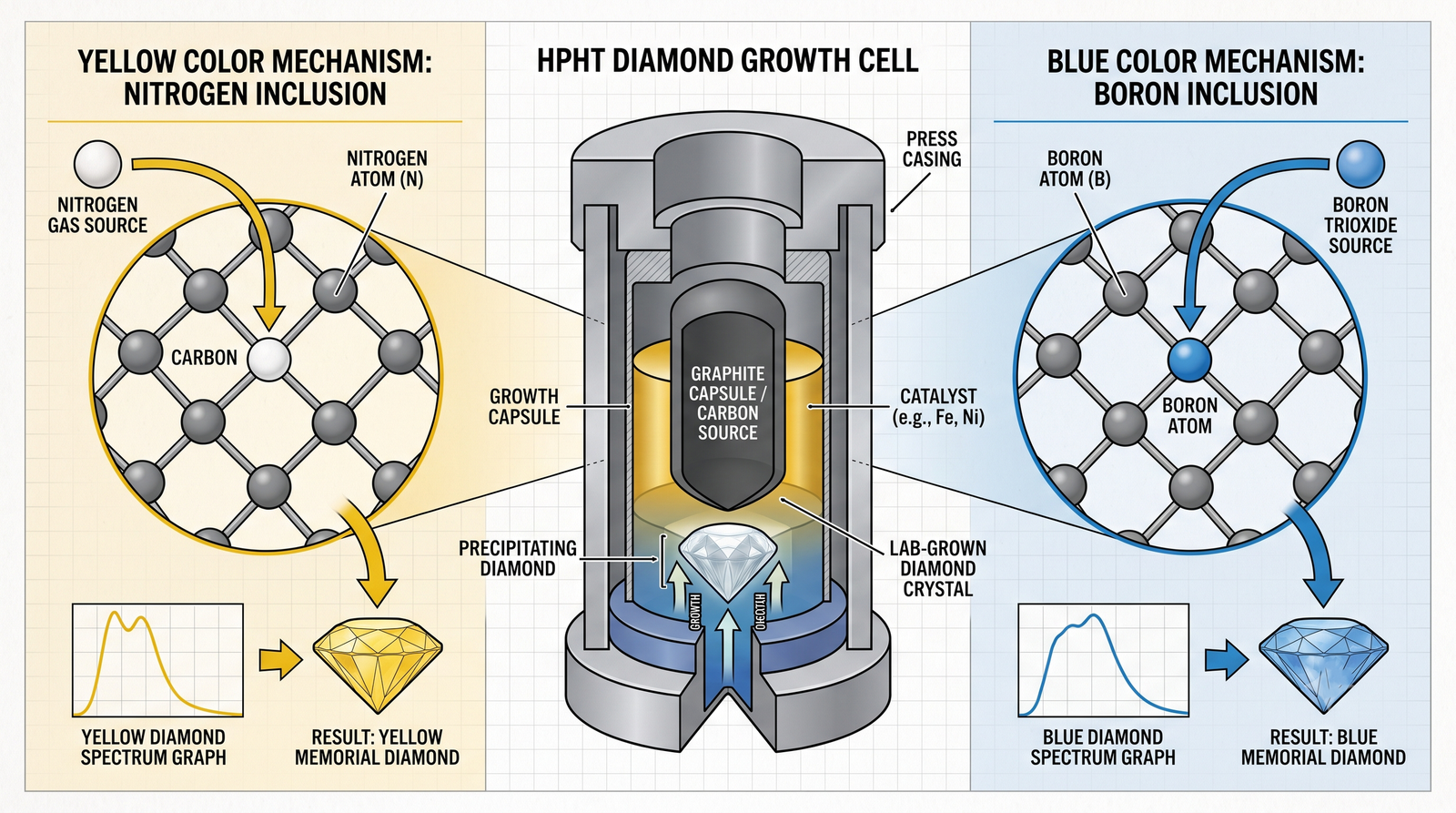 A diagram of a diamond growth cell with nitrogen and boron labelled as the sources of yellow and blue 