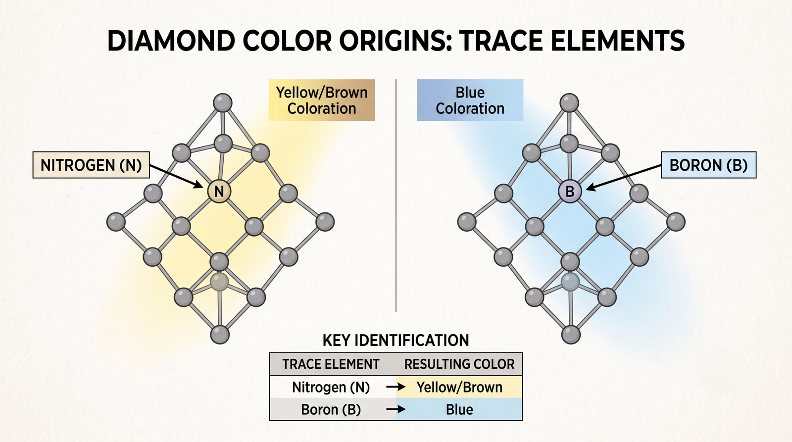  A simple diagram showing nitrogen producing yellow and boron producing blue in a diamond lattice 