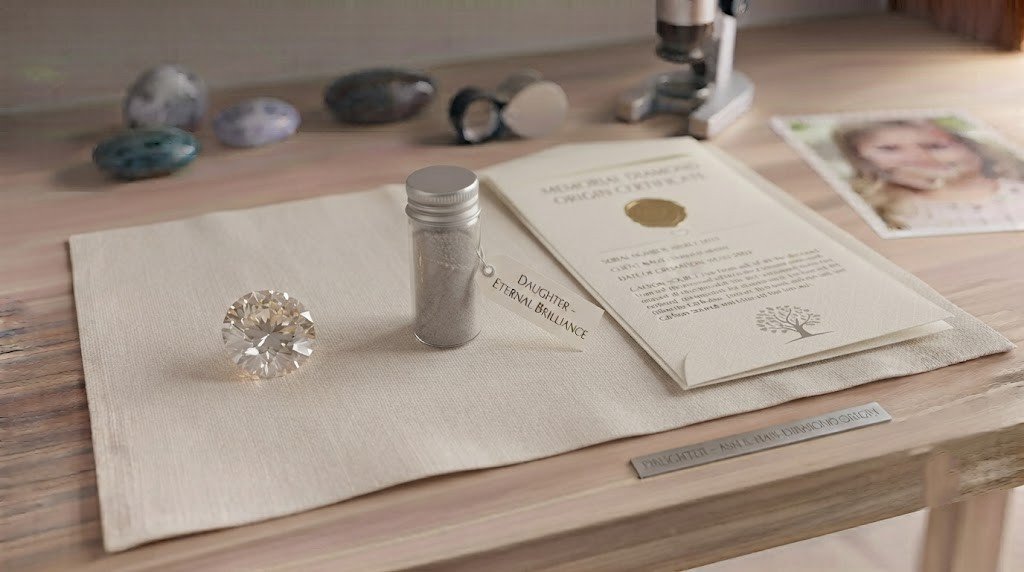 A loose memorial diamond made from daughter ashes resting beside a small sealed container and its origin certificate