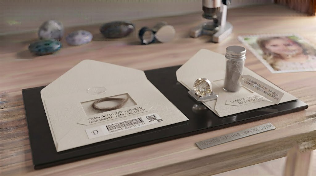  A loose memorial diamond really made from daughter ashes and hair resting beside two labeled sample envelopes 