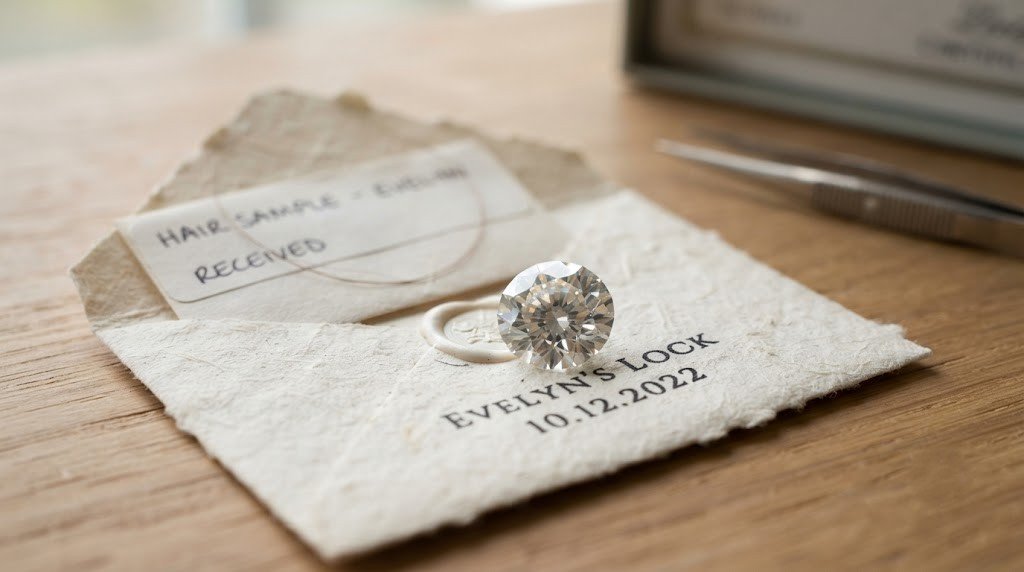 A loose memorial diamond really made from daughter hair beside the small paper envelope the lock was sent in