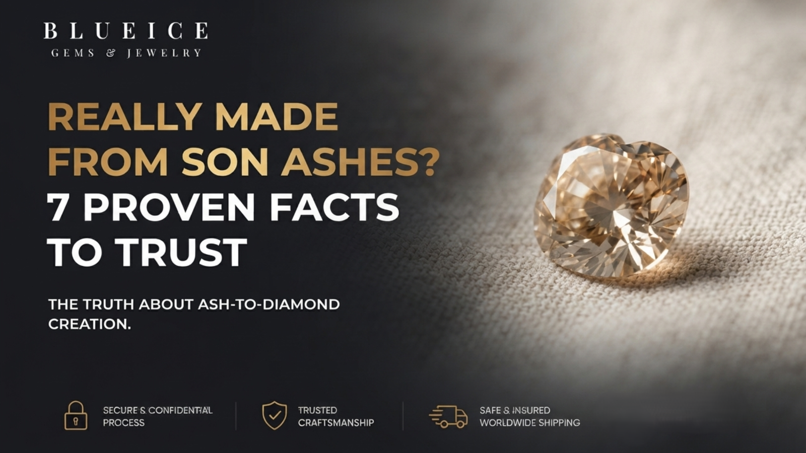 A memorial diamond really made from son ashes, photographed loose on a pale linen surface