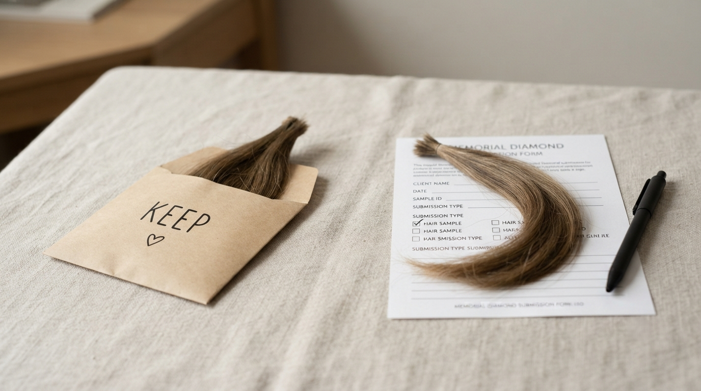 A lock of hair divided in two, one half in a labeled paper envelope marked "keep," the other beside a submission form