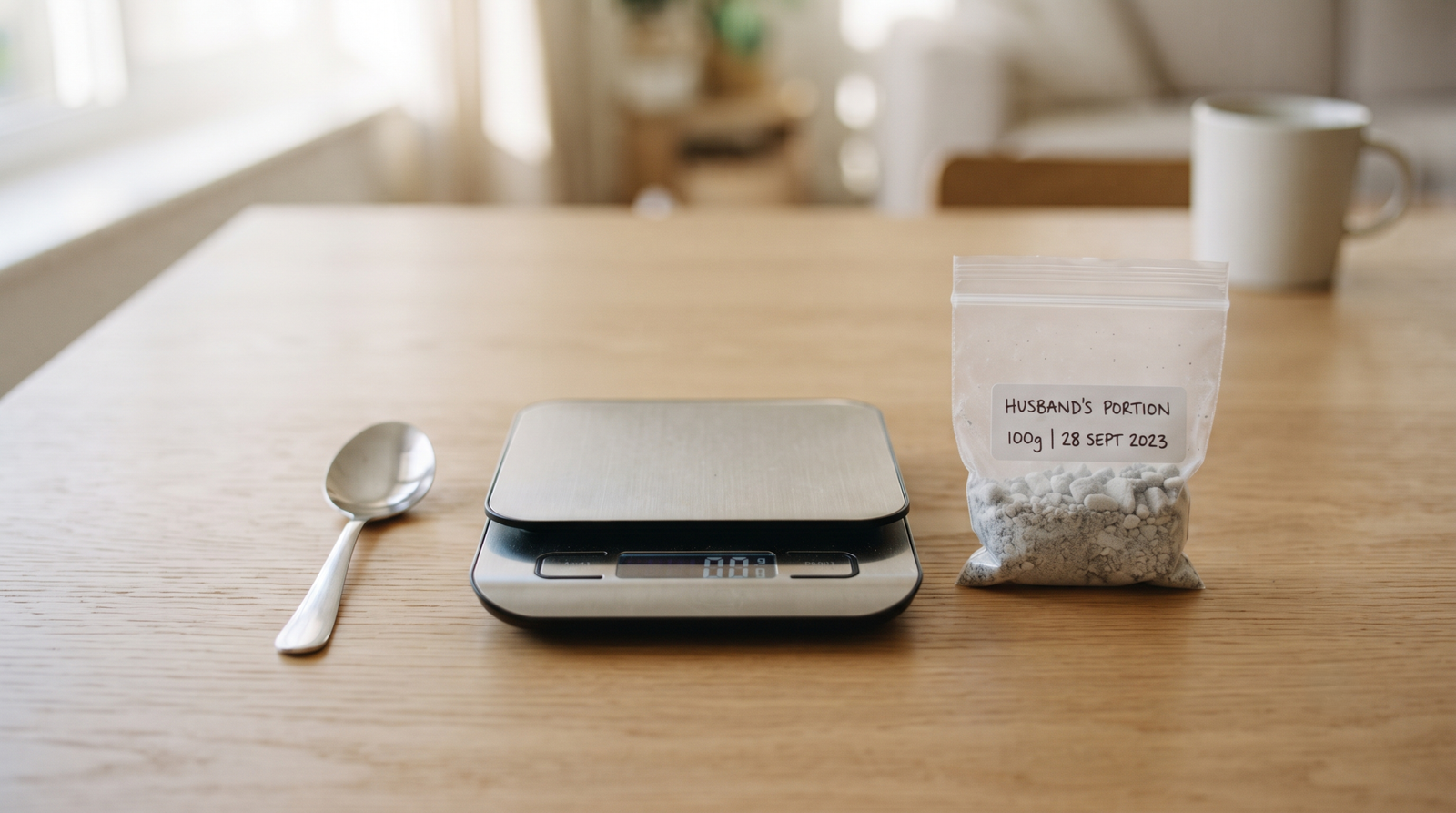 A kitchen scale, a clean spoon, and a sealed labelled bag laid out on a table before dividing cremated remains