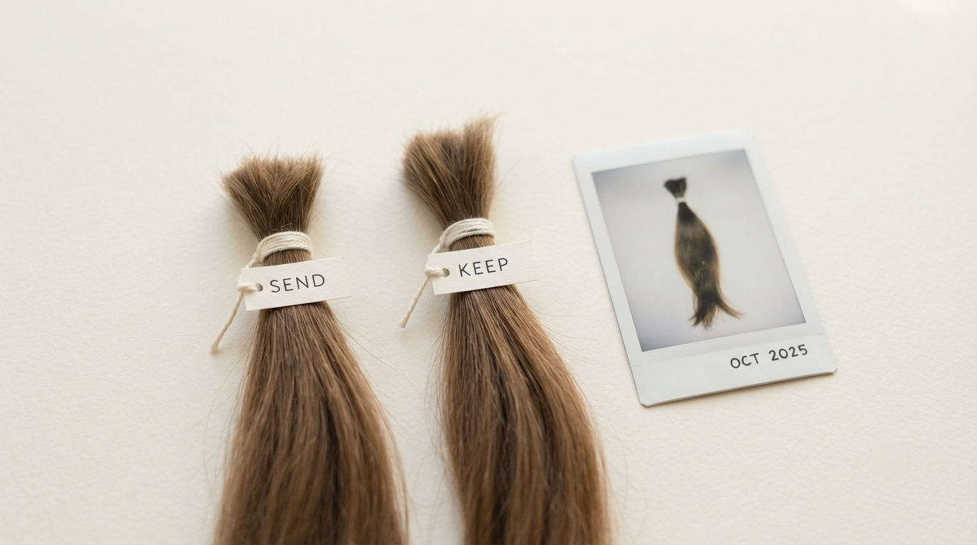 Two tied portions of one lock of hair one labeled "send," one labeled "keep" beside a dated photograph