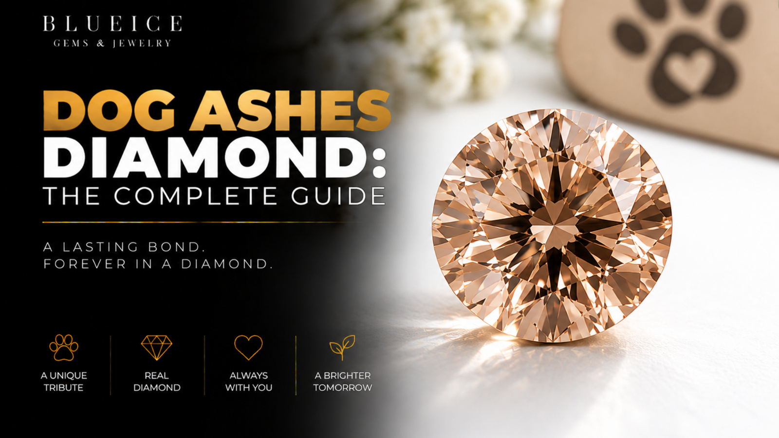 Dog ashes diamond: close-up of a champagne-toned lab-grown diamond on a white background