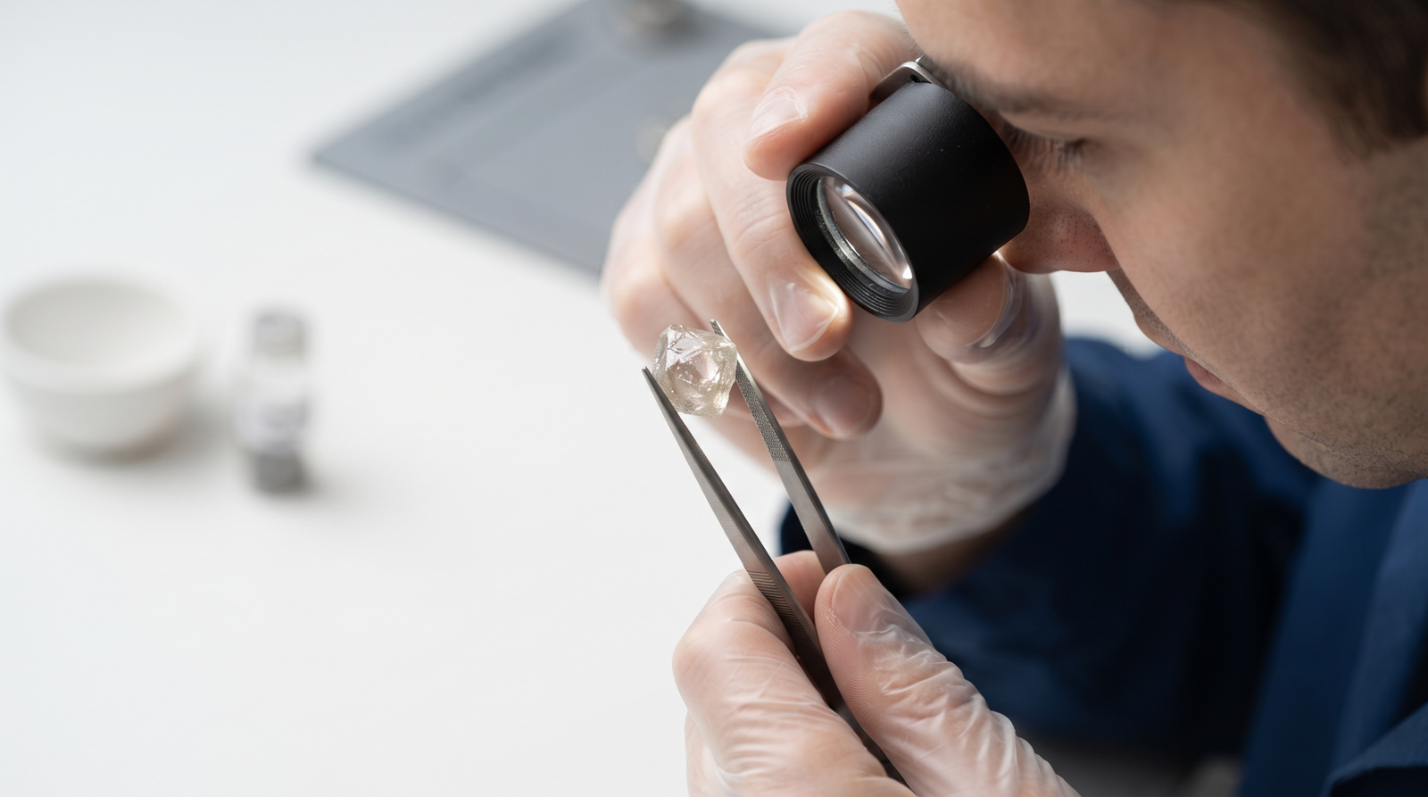 Gemologist examining a rough diamond crystal grown from purified ash-derived carbon under a loupe