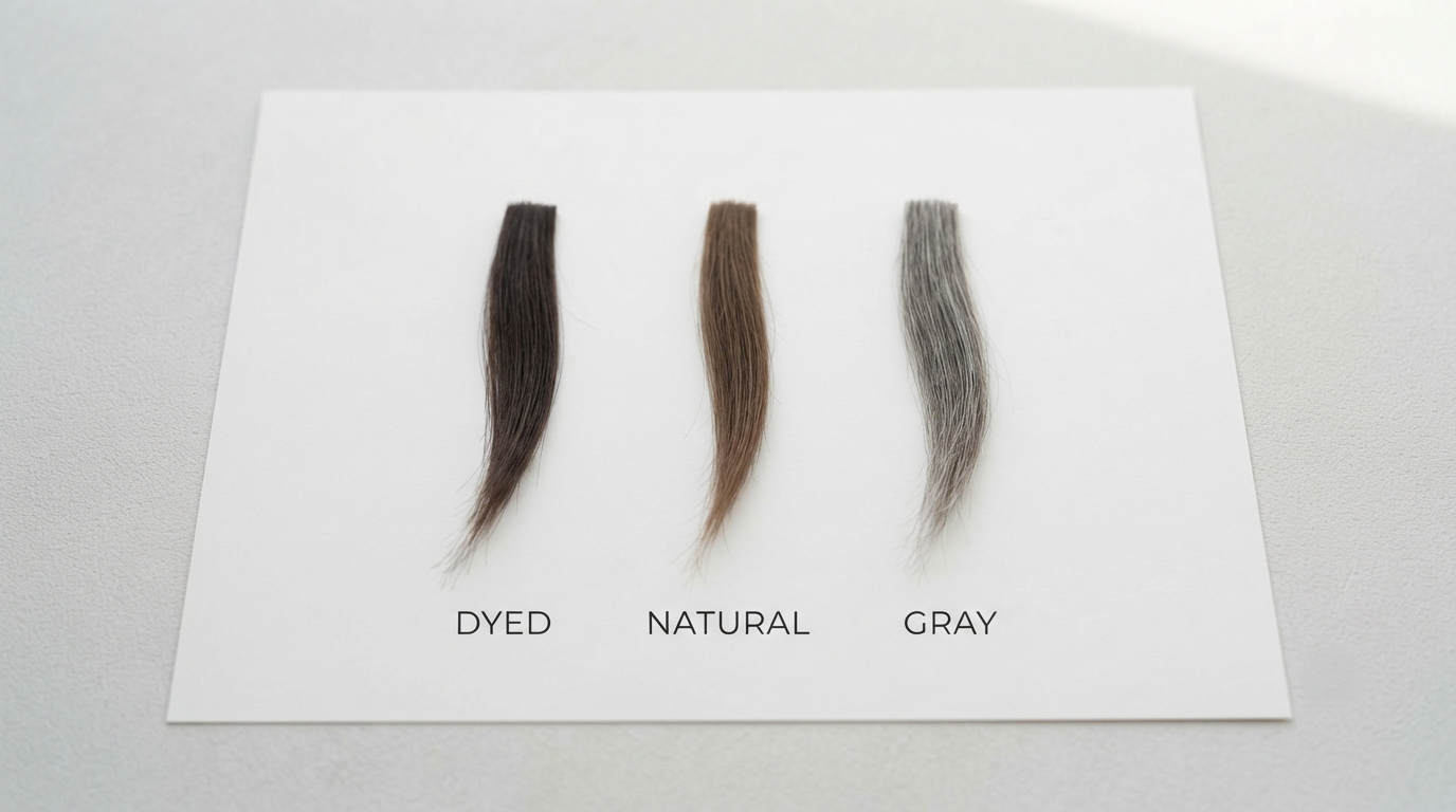 Three small locks — dyed, natural, and gray — laid side by side on white paper