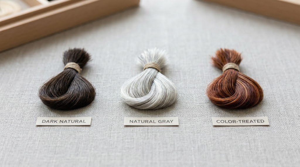 Three hair samples side by side — dark, gray, and color-treated — on a neutral surface | Stock acceptable. |