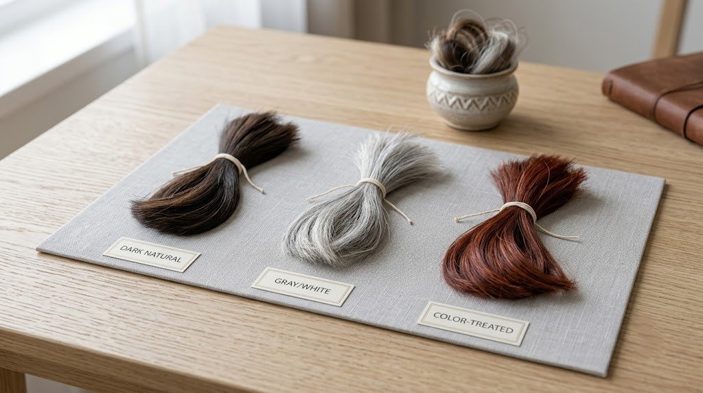 Three hair samples side by side — dark, gray, and color-treated — on a neutral surface 