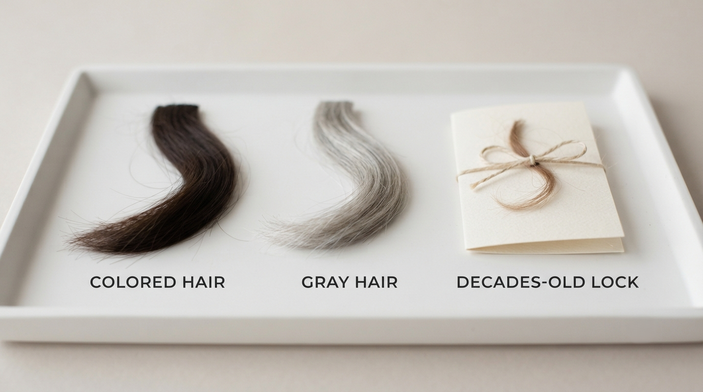 Three labeled hair samples — colored, gray, and a decades-old lock in a folded card — on a white tray