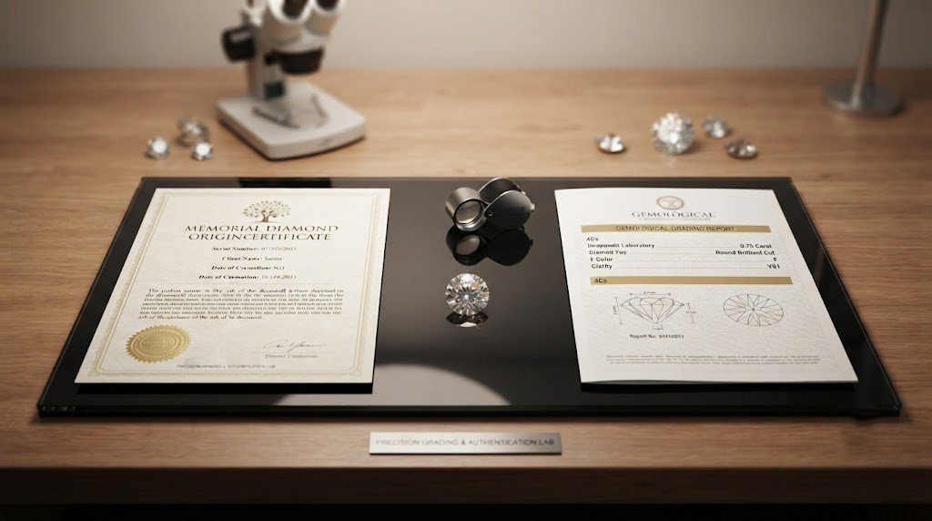 An origin certificate and a separate gemological grading report laid side by side with a loose diamond