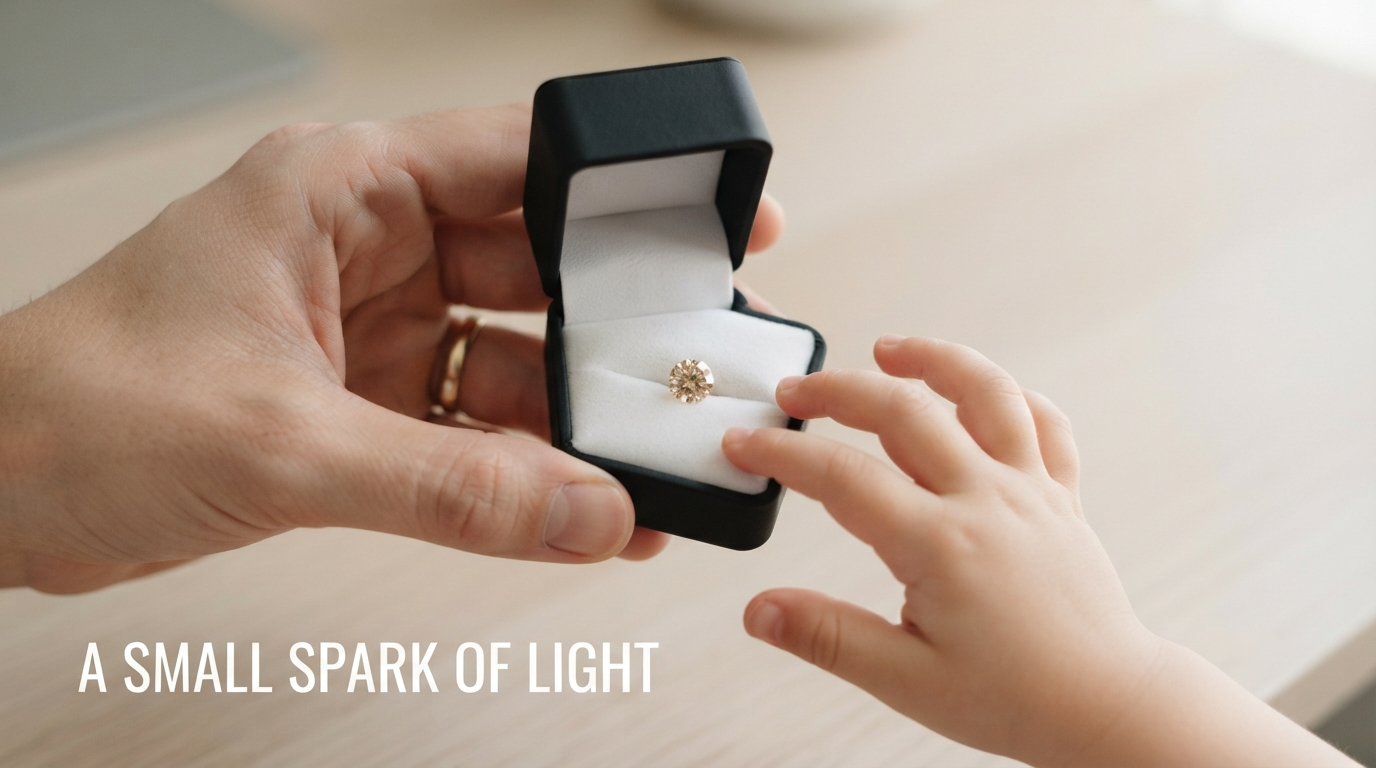 Adult hand holding a small champagne lab-grown diamond in its grading box while a child's hand reaches toward it