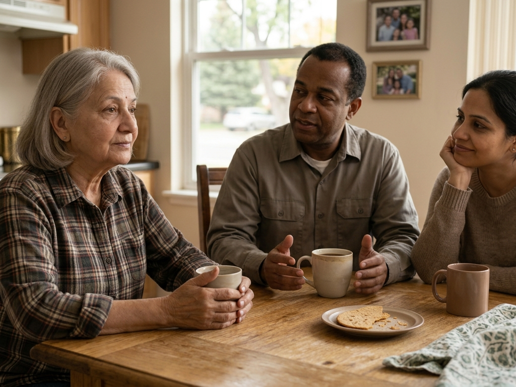 Three adults at a kitchen table, one listening, mugs between them