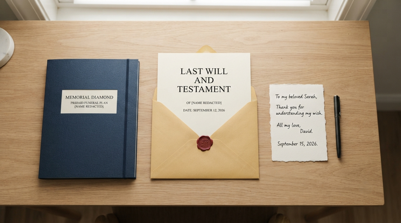 A will, a prepaid funeral plan folder, and a handwritten note laid on a desk