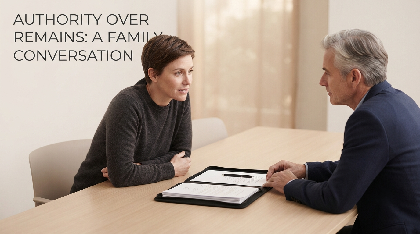 Two people talking across a table with funeral paperwork between them, illustrating a conversation about who holds authority over remains