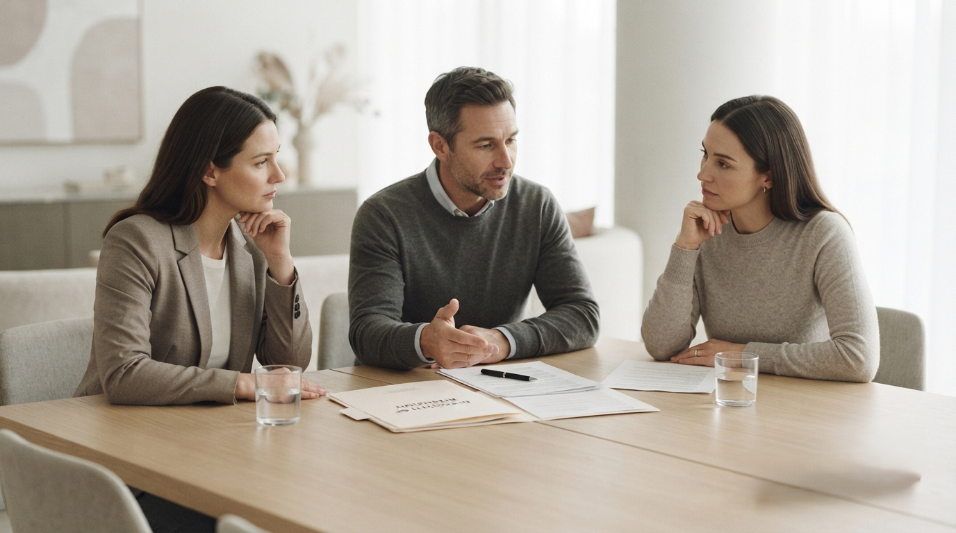 Three people talking across a table with paperwork between them, discussing authority over a partner's remains
