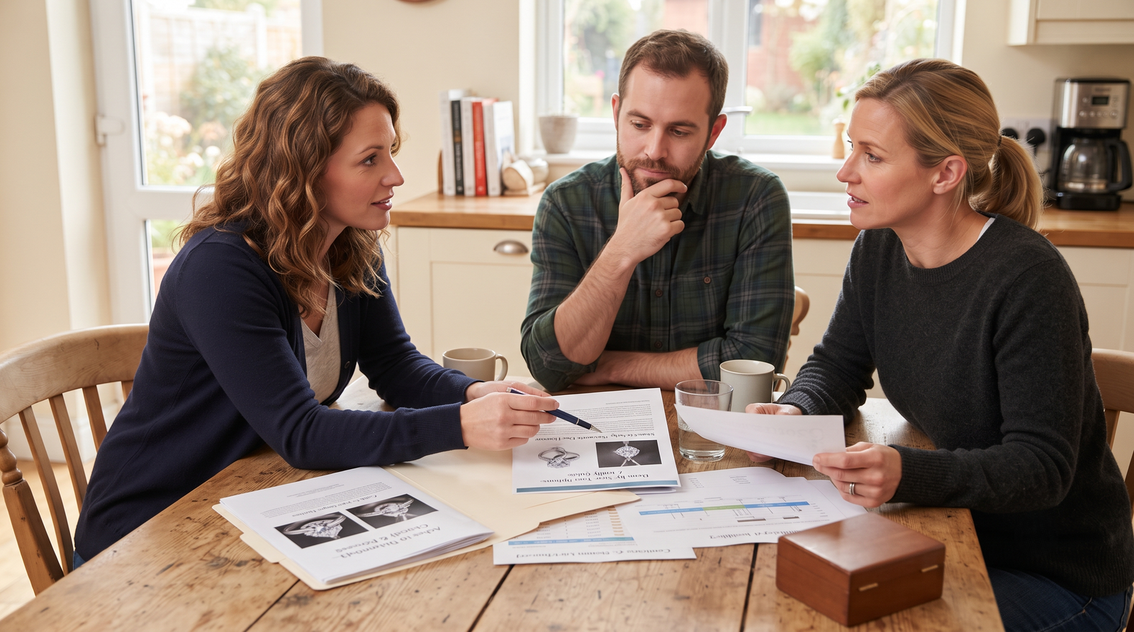 Adult siblings talking across a kitchen table with documents between them