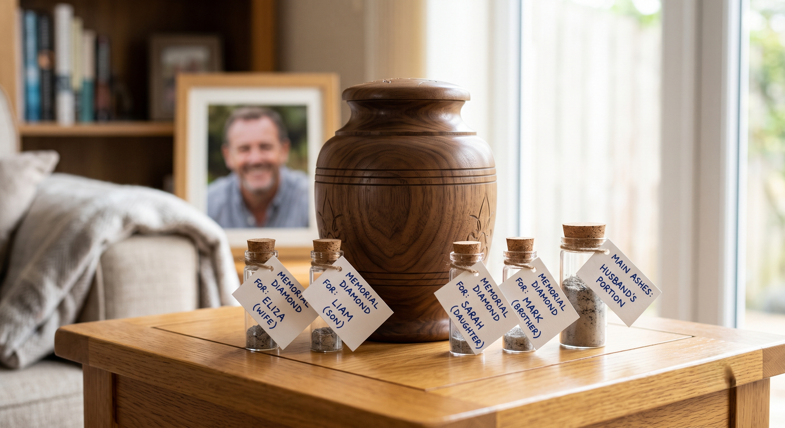 Urn with several small labeled portions set aside, one for each family member's memorial diamond family member get diamond same husbands ashes