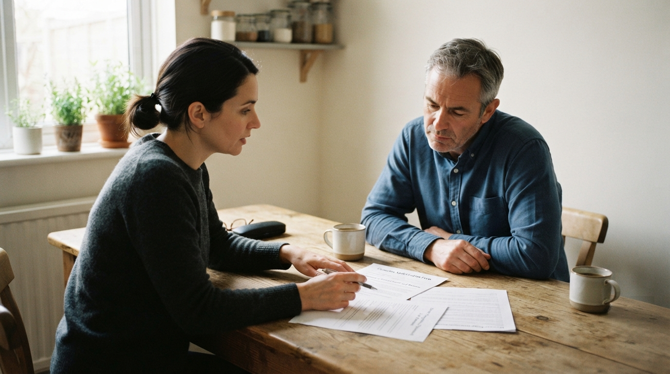 Two people reading funeral paperwork across a kitchen table, illustrating a conversation about who holds authority over remains