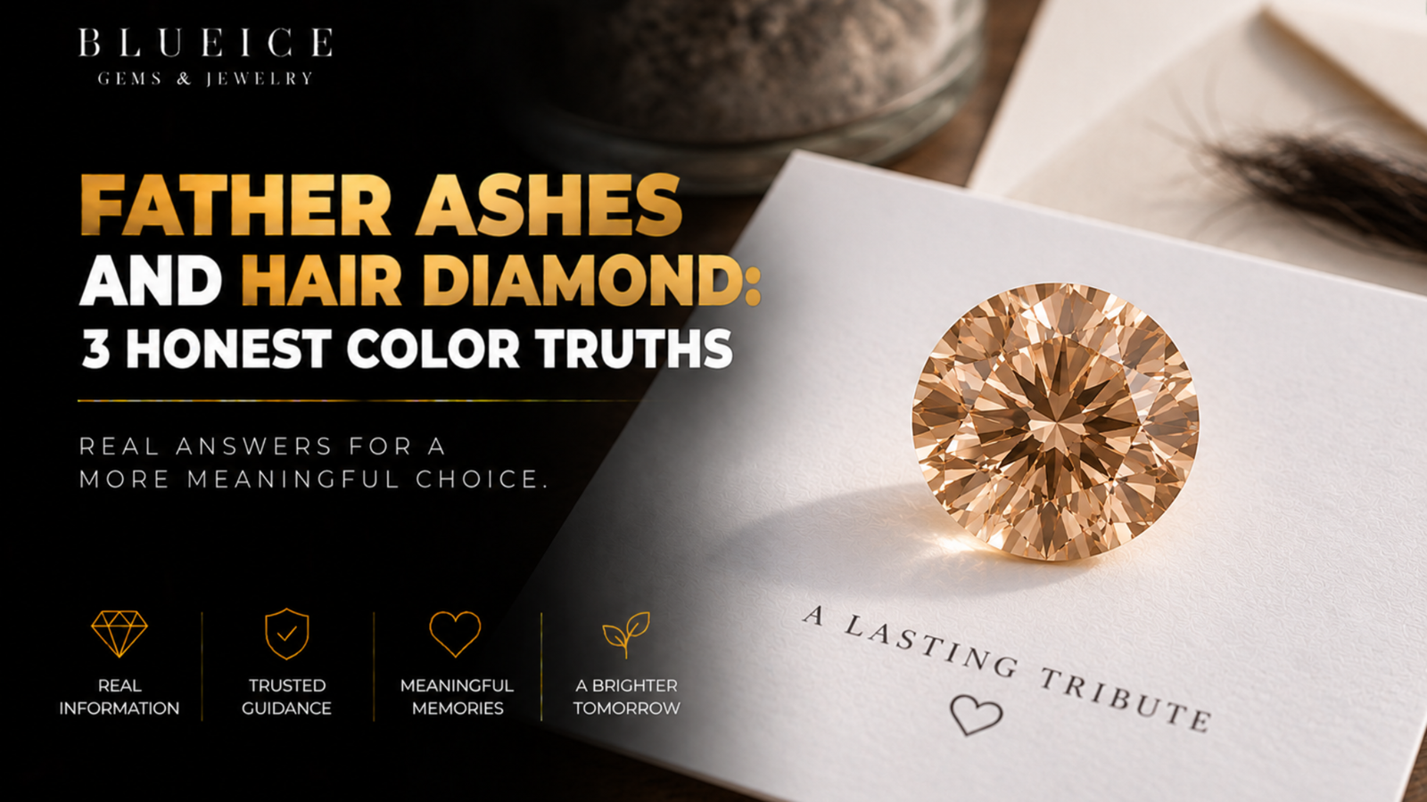 Father ashes and hair diamond in an even champagne tone, shown loose on a white card with no visible variation across the stone
