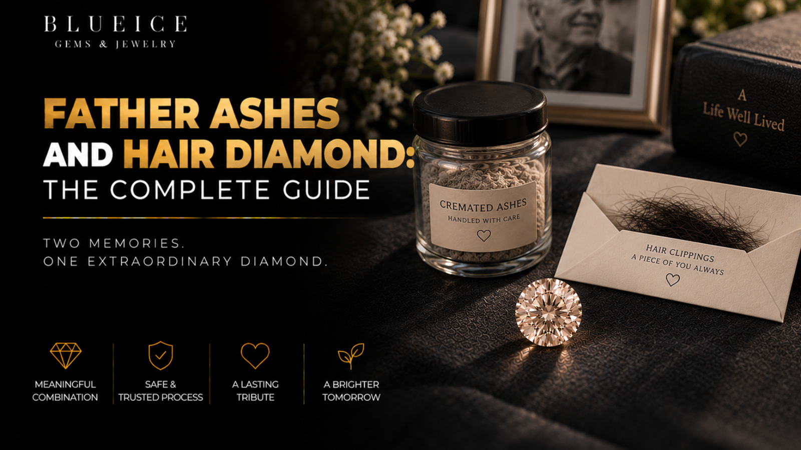 Sealed portion of cremated ashes beside a small envelope of short hair clippings and a pale champagne memorial diamond on a dark linen surface