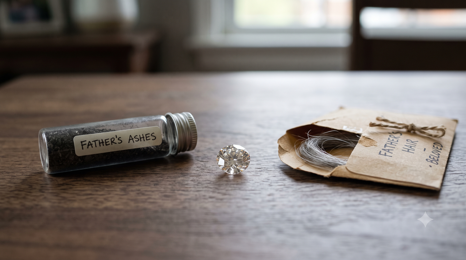 A small sealed container of cremated ashes and a paper envelope of hair side by side on a plain table, with a finished memorial diamond between them