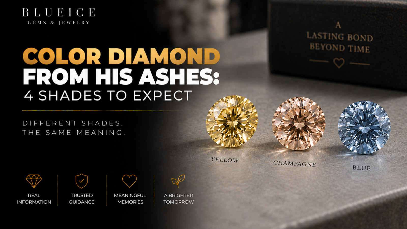 Three loose memorial diamonds in yellow, champagne and blue tones on a gray surface