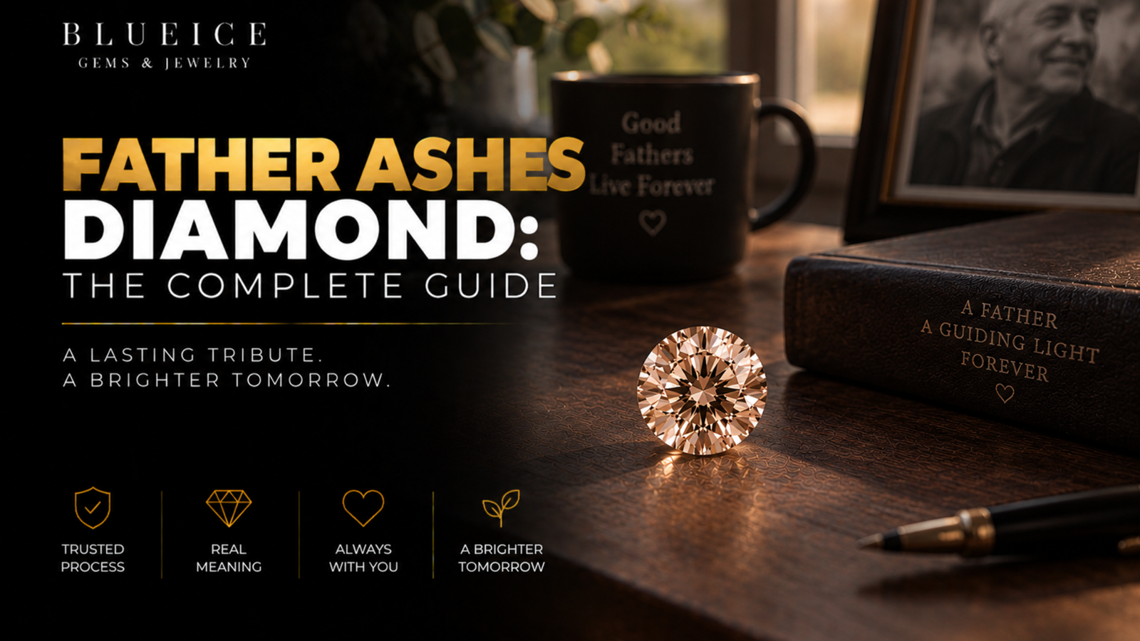 Champagne-toned lab-grown memorial diamond grown from a father's cremated ashes, resting on a dark wooden surface in low daylight
